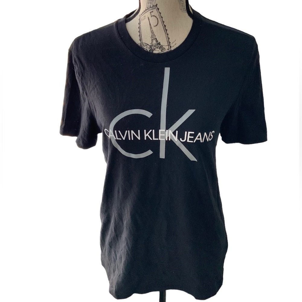 CALVIN KLIEN Black Cotton Monogram Logo Soft T-Shirt Crewneck Women’s Size Small